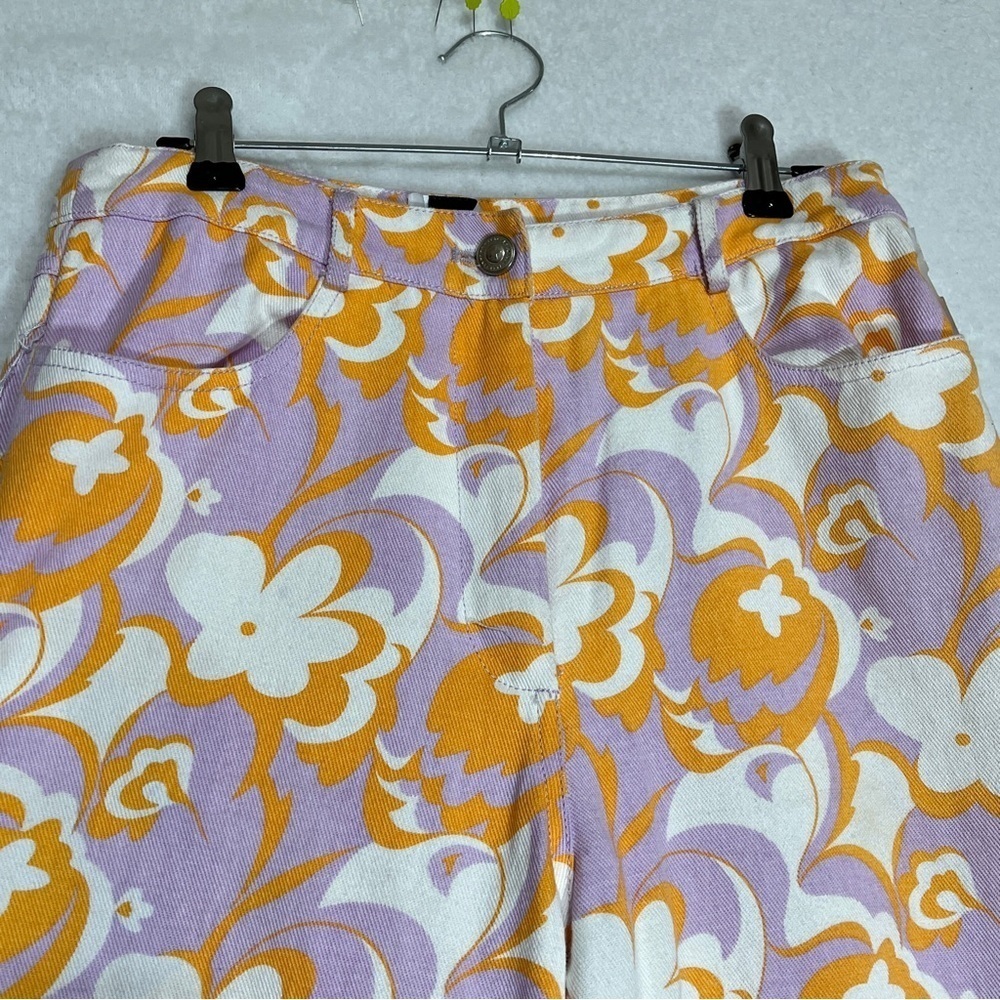 PRINCESS POLLY Jasmina Denim Wide Flare Floral Orange Lavender Size 4 - Picture 3 of 12